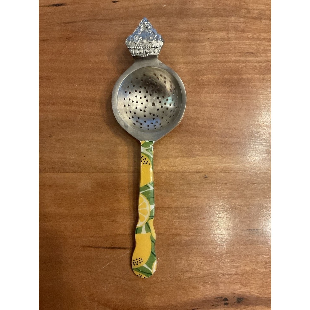 Handcrafted Stainless Steel Tea Strainer with Enamel Lemon Handle and Repousse F